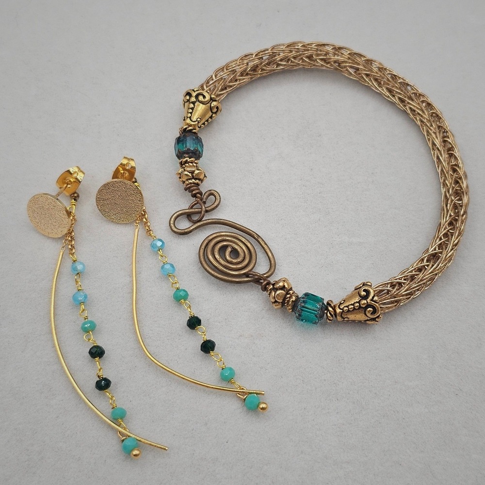 Boho Dangle Beaded Earrings Viking Knit Bracelet 2pc Gold Tone Turquoise Blue